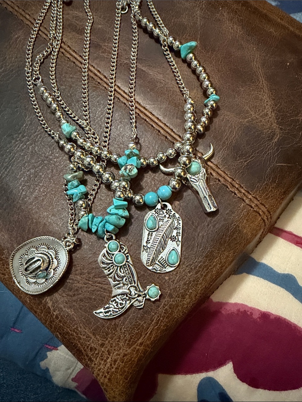 Faux silver 4 necklace set with Turquoise Accent Western Charms